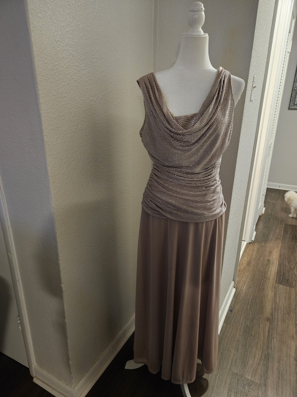 Elegant Taupe Cowl Neck Evening Dress